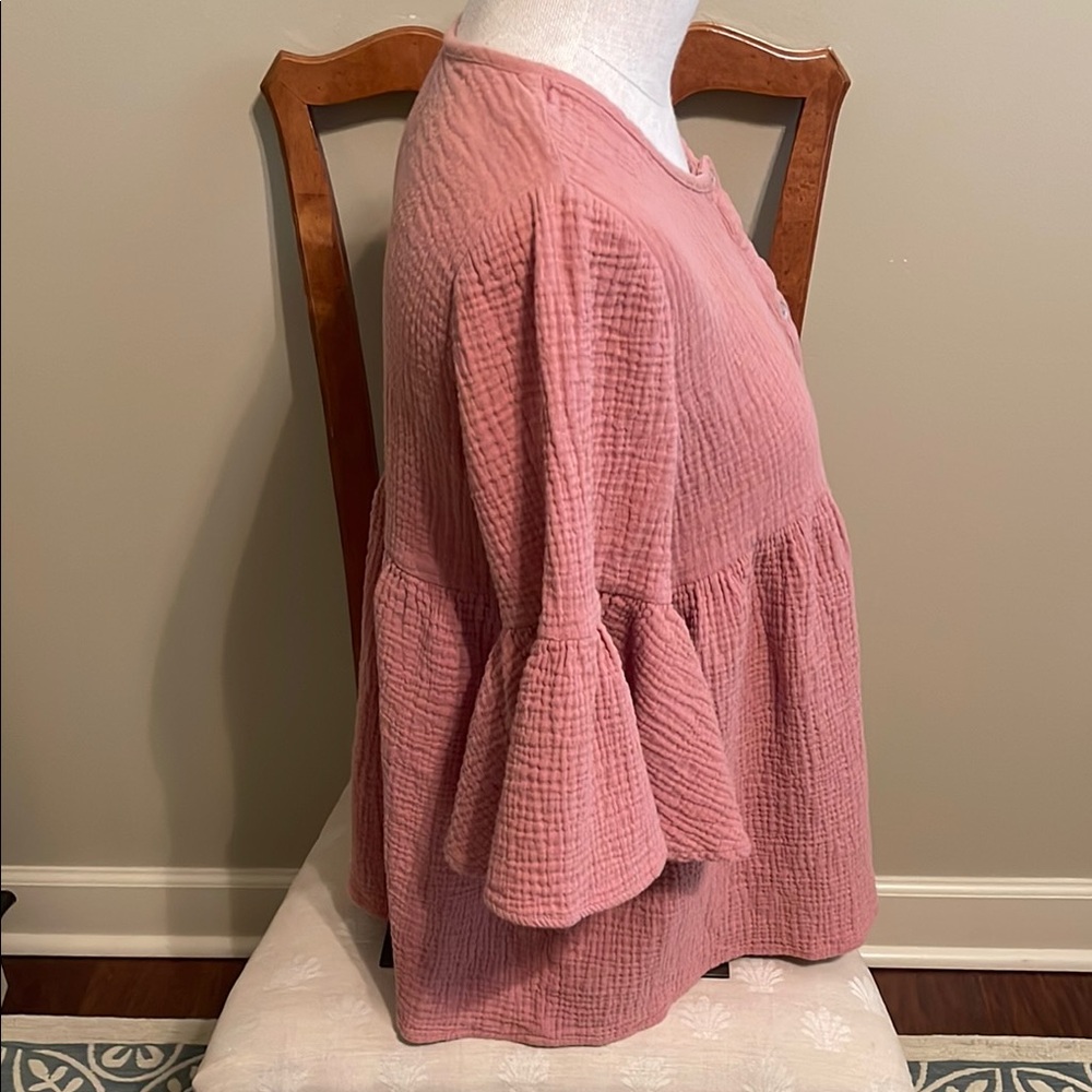 Women's Pink 100% Cotton Gauze Button-Down Ruffle Sleeve Top - Picture 2 of 3